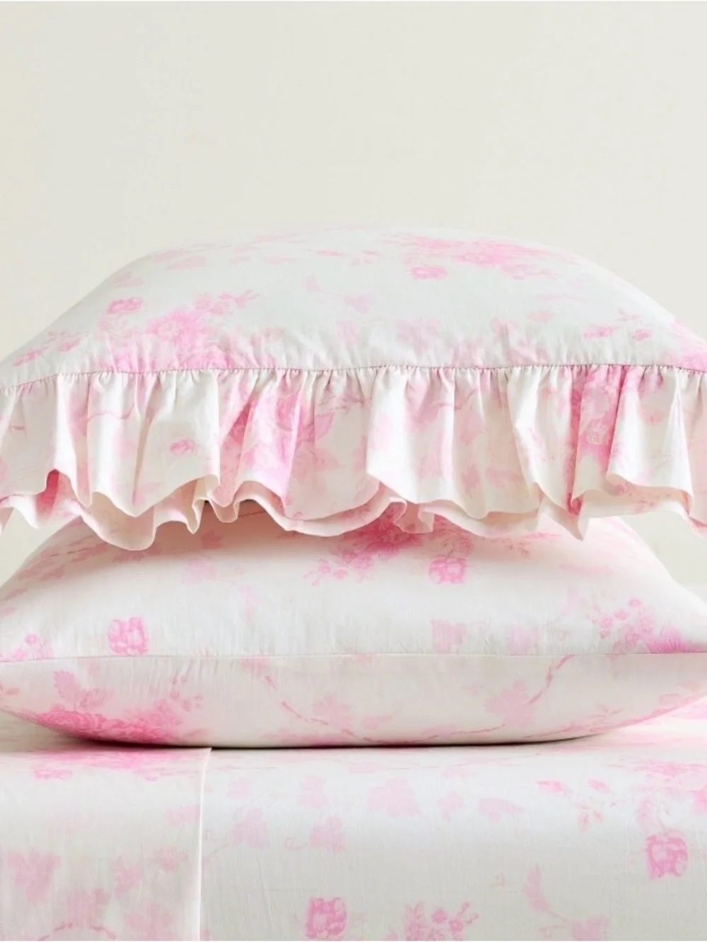 LoveShackFancy PINK Ruffle KING Sheet Set Rose Floral Ruffles ~ Coquette